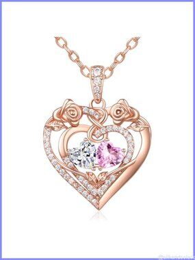 14K Rose Gold Double Heart Birthstone Pendant Necklace Gift for Her